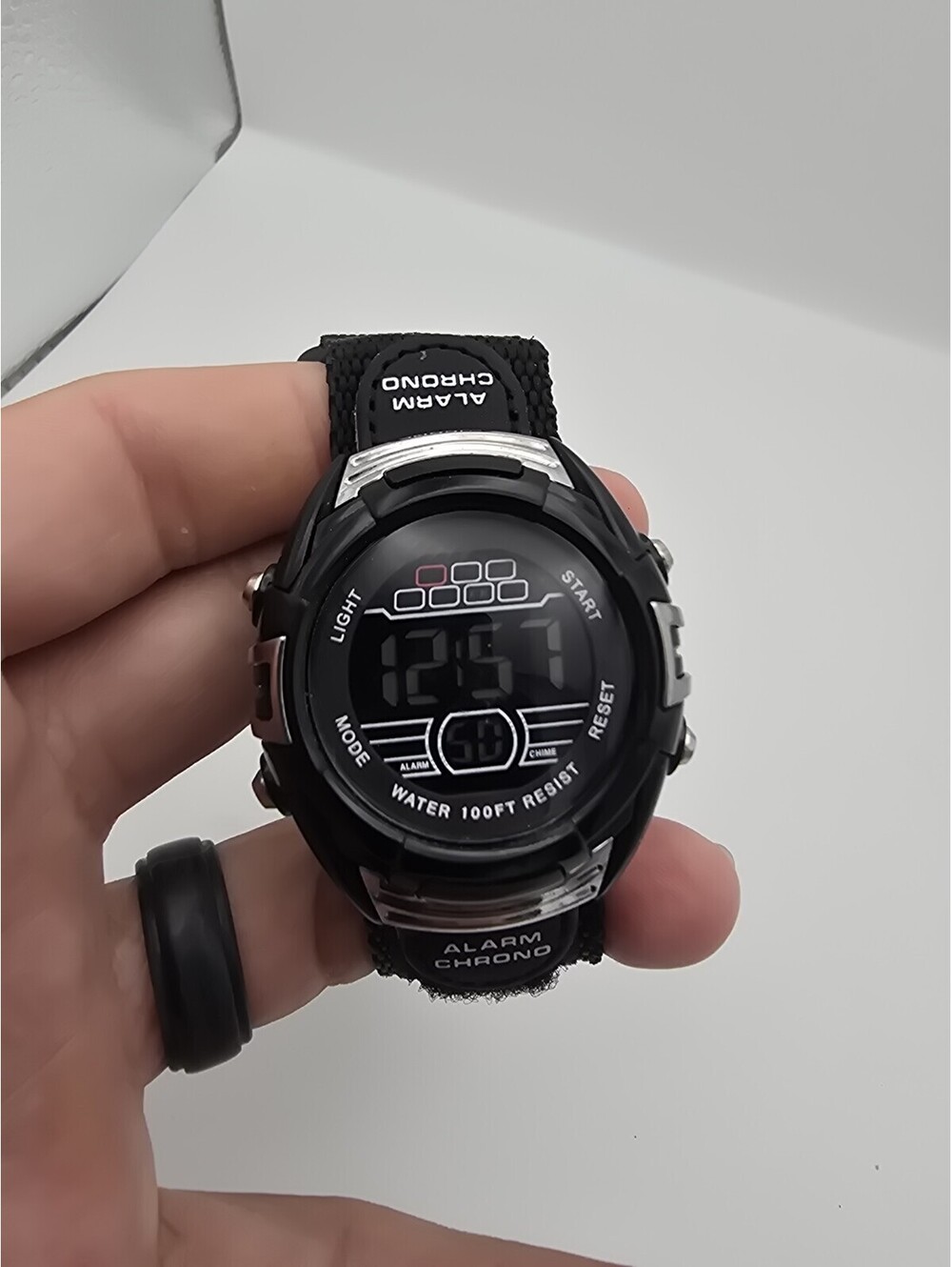Mens Black Digital Sport Watch Alarm Chrono Nylon Strap Water Resist